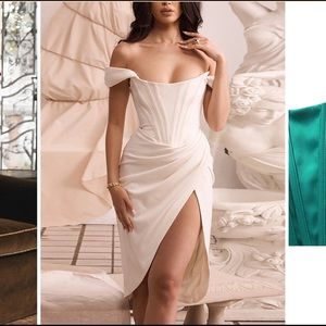 Ivory Satin Off Shoulder Slit Midi Dress